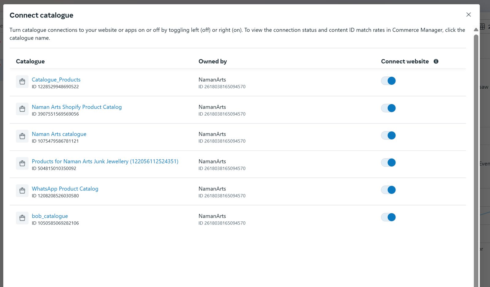 Meta Commerce Manager - six product catalogues connected for dynamic ads