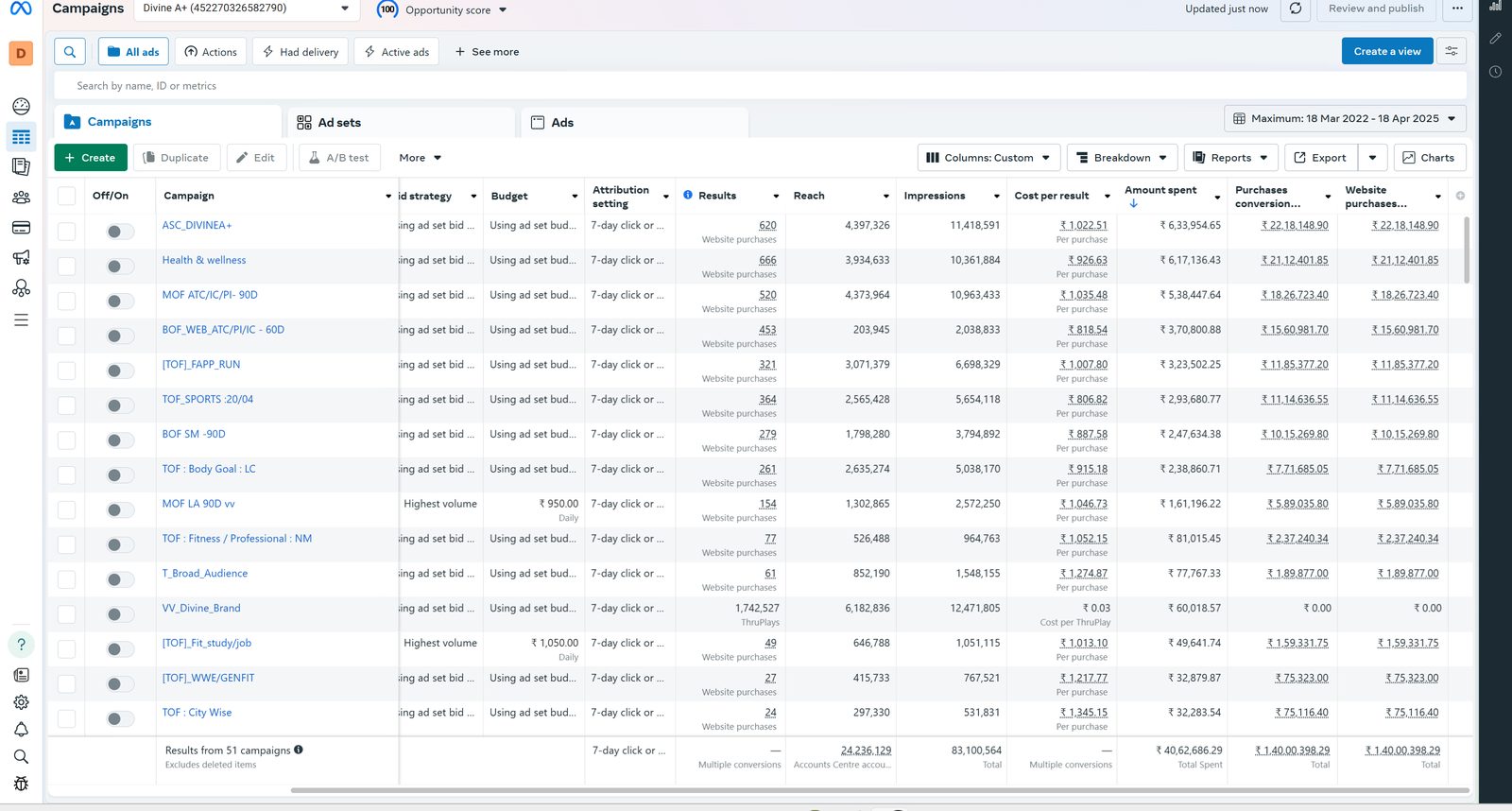Divine Nutrition - ad-set budgets tracked against purchases and website revenue
