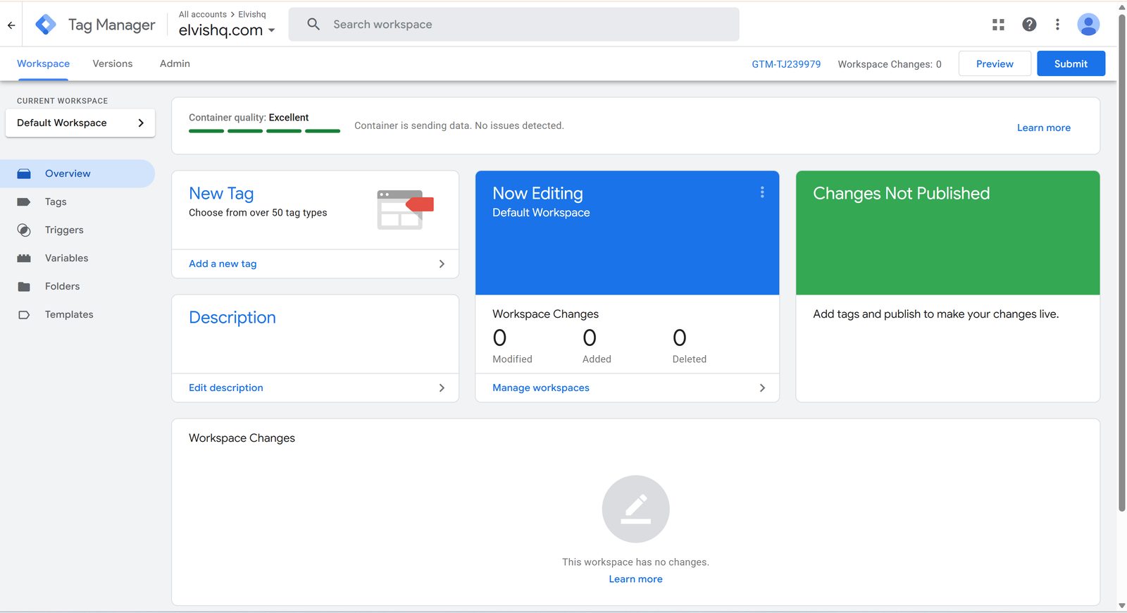 Google Tag Manager container live - sending data with no issues detected and container quality rated excellent